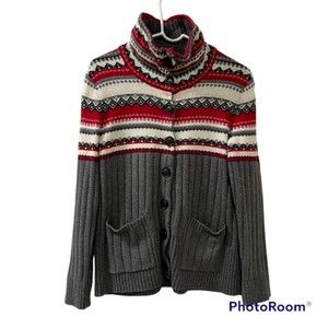 Eddie Bauer Womens Gray Red Mock Neck Merino Wool Blend Knit Sweater Size Medium